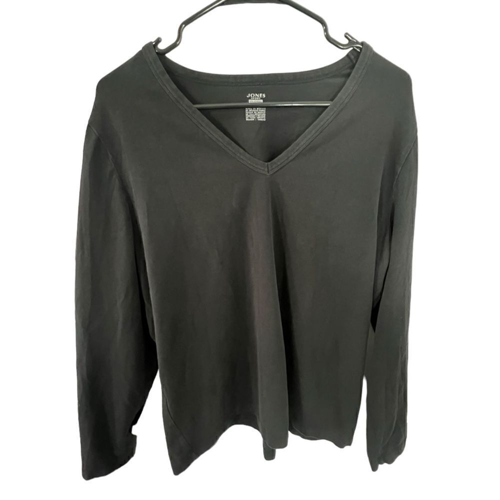 Jones Sport Basic Plain Black V-Neck Stretchy Long Sleeve T-Shirt